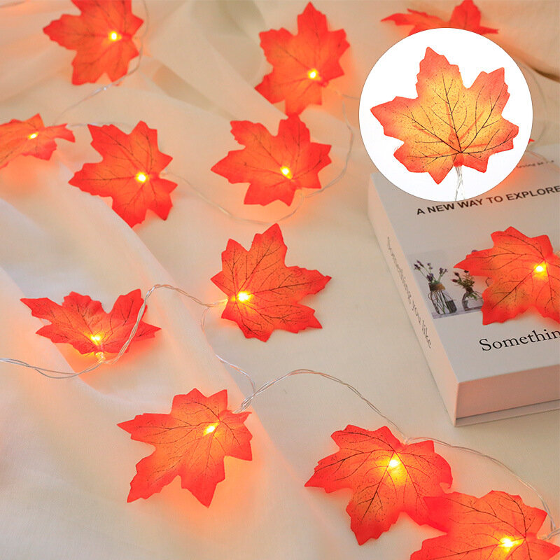 Lampu setrip labu daun Maple dekorasi, lampu hias karangan bunga musim gugur taman luar ruangan Halloween