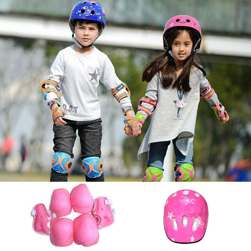 Helm pelindung bersepeda anak-anak, perlengkapan bersepeda helm sepeda, pelindung siku dan lutut, bantalan kepadatan tinggi, nyaman, ventilasi bagus, 7 buah/set