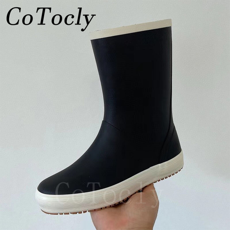 Sepatu bot hujan datar wanita, Kasut bot pendek ujung bulat warna hitam, tahan air karet musim gugur untuk perempuan