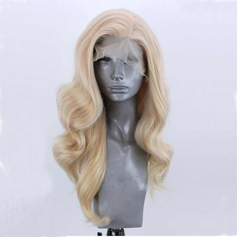 Peluca larga ondulada rubia sintética con malla frontal para mujer, peluca rubia dorada Drag Queen