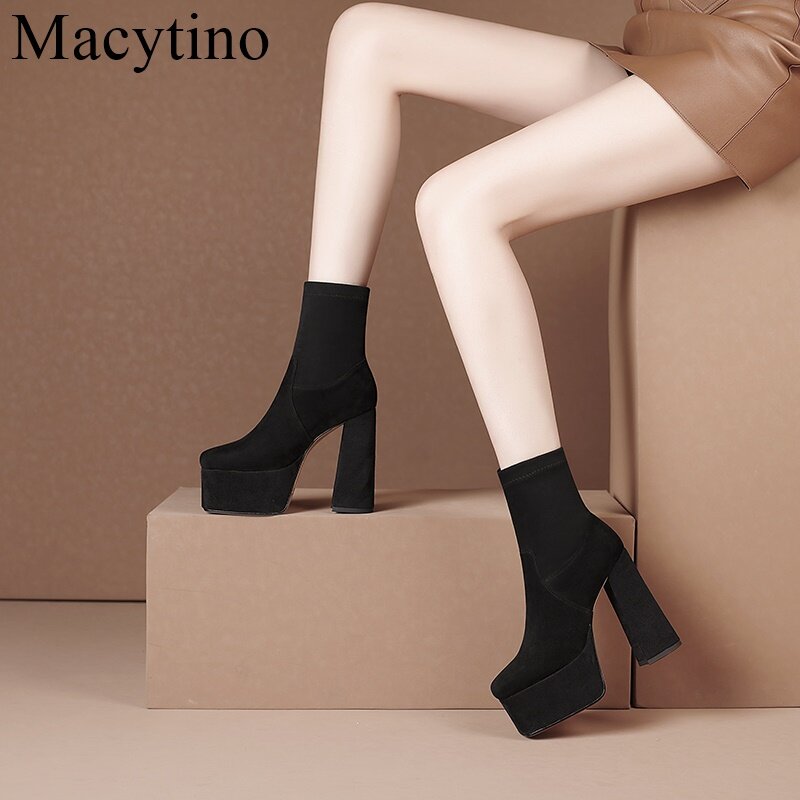2022 High Heels Women's Boots Female Thick Platform Shoes Flock Ankle Boots Concise Solid Women Shoes Pink Black Autumn Winter