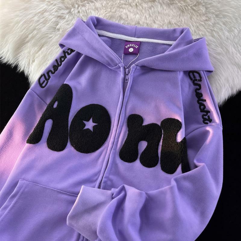 Y2k Zip Up Hoodie ผู้หญิง Harajuku สไตล์อเมริกัน Retro High Street เย็บปักถักร้อยดาวซิป Hoodie หลวมขี้เกียจสไตล์ Chic เสื้อด้านบน