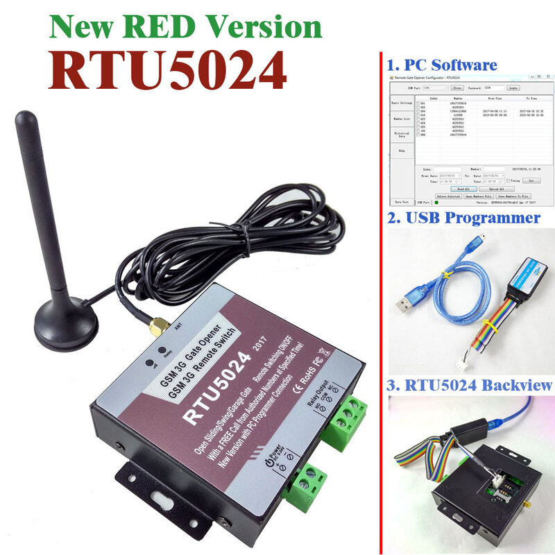 RTU5024-controlador remoto de llamada sms, interruptor de apertura de puerta gsm, programador de pc USB y software incluido, versión roja