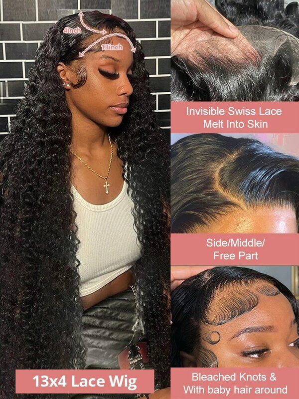 40 Inch Deep Wave 13x4 13x6 Lace Frontal Wig Glueless Human Hair Wig Brazilian PrePlucke Water Curly 360 HD Lace Front Wigs 250%