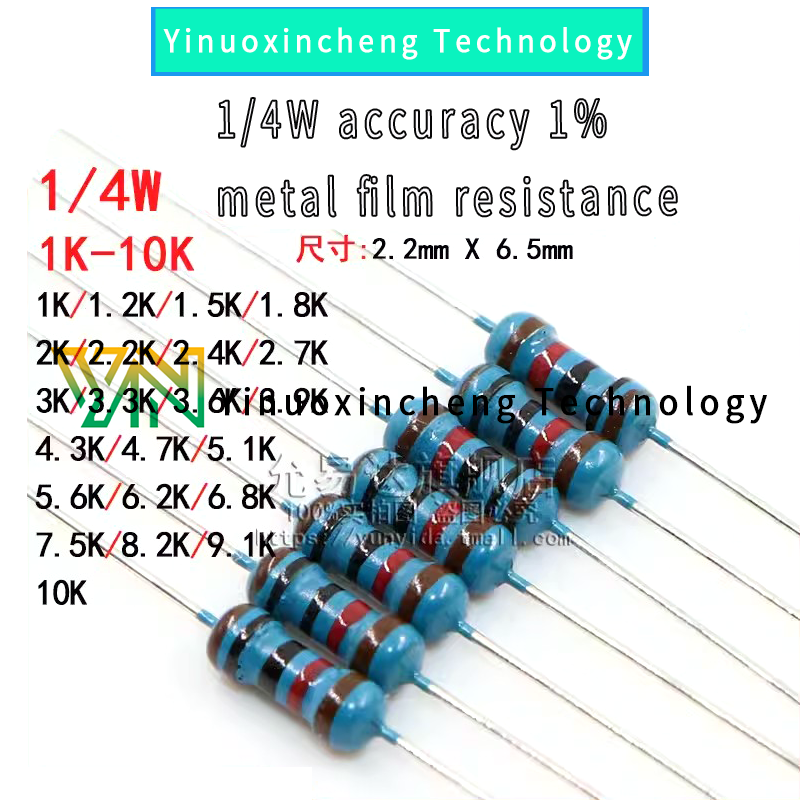 200PCS/LOT 1/4W metal film resistance accuracy 1% 1K~10K Ω 2K 3.3K 4.7K 5.1K 6.8K 7.5K