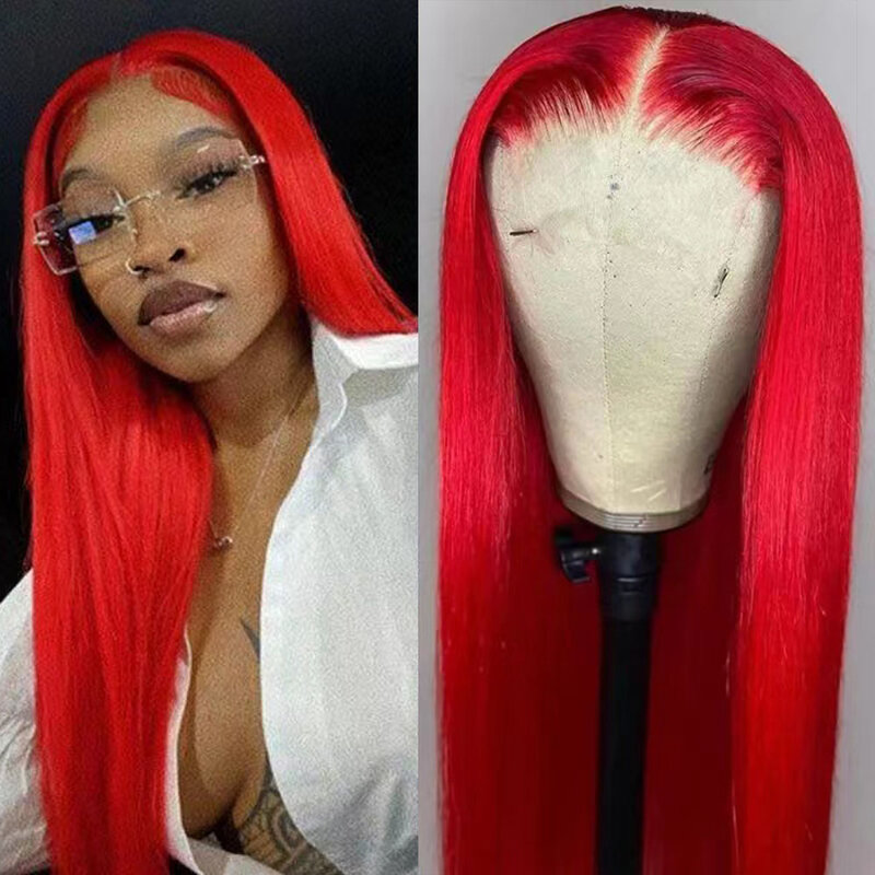 WIF Bright Red Long Straight Hair Lace Wig Silk Straight Red Color Heat Resistant Synthetic Lace Front Wigs Party Makeup Wear