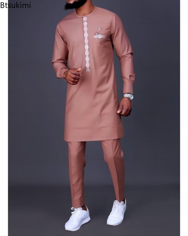 Костюм кафтан мужской в этническом стиле, рубашка и брюки, роскошный элегантный комплект из двух предметов, африканская одежда, 2024