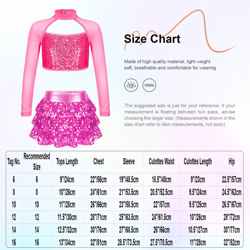 Girls Jazz Dance Outfit Kids Long Sleeve Shiny Sequins Crop Top with Skirts Birthday Party Costume Stage Performance Dancewear