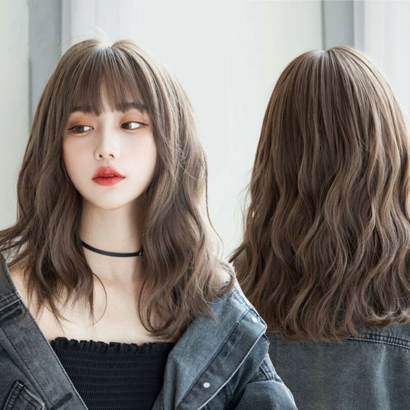 Koreańskie peruki z kręconymi włosami damskie średnie włosy z grzywką pełne nakrycie głowy naturalne puszyste peruka 45cm