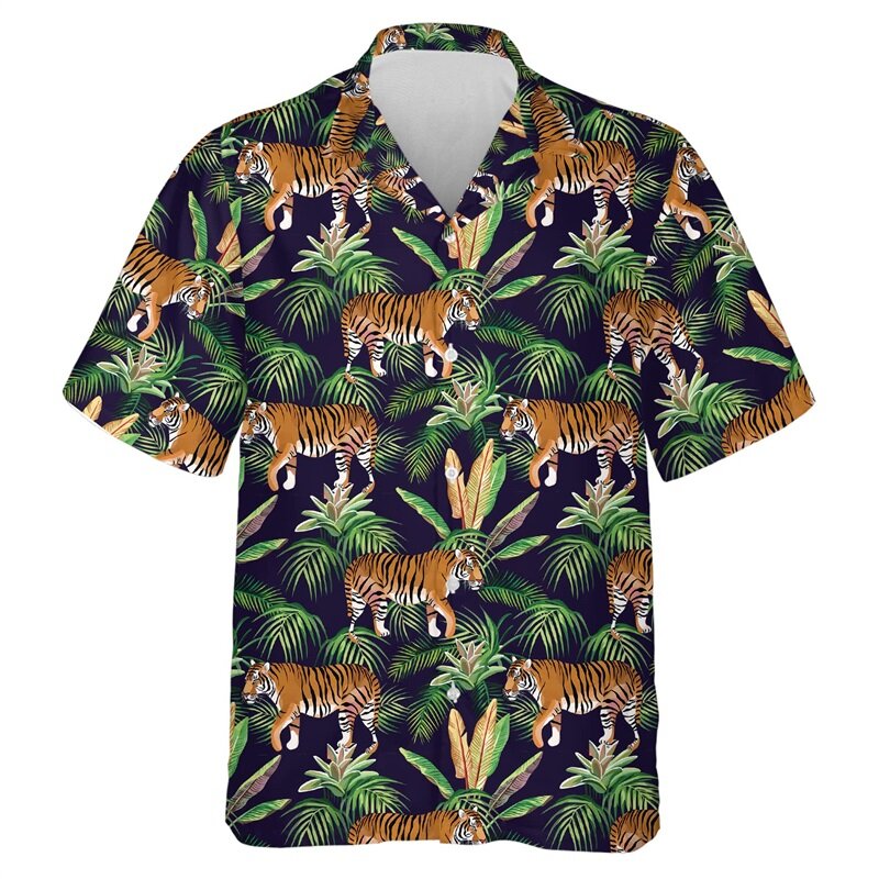 Camisas havaianas estampadas em 3D para homens e mulheres, padrão tigre animal, manga curta casual, camisas de praia extragrandes, blusa masculina superior