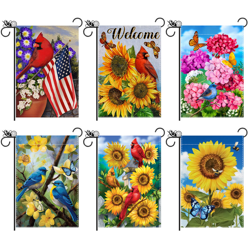 Dupla face impressa bandeira do jardim, birdie flor, girassol, borboleta padrão bandeira, decoração do pátio, 1 pc