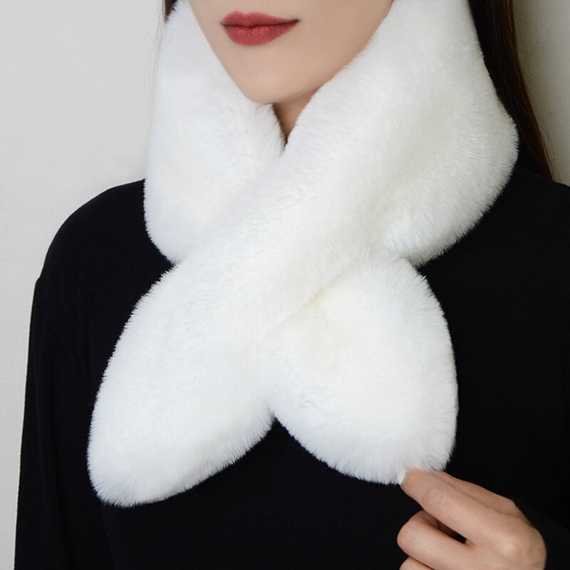 Bufanda de piel sintética de Invierno para mujer, bufanda de piel de conejo dulce, collares de pelo peludos, bufanda cruzada engrosada, cuello, cubierta de cuello