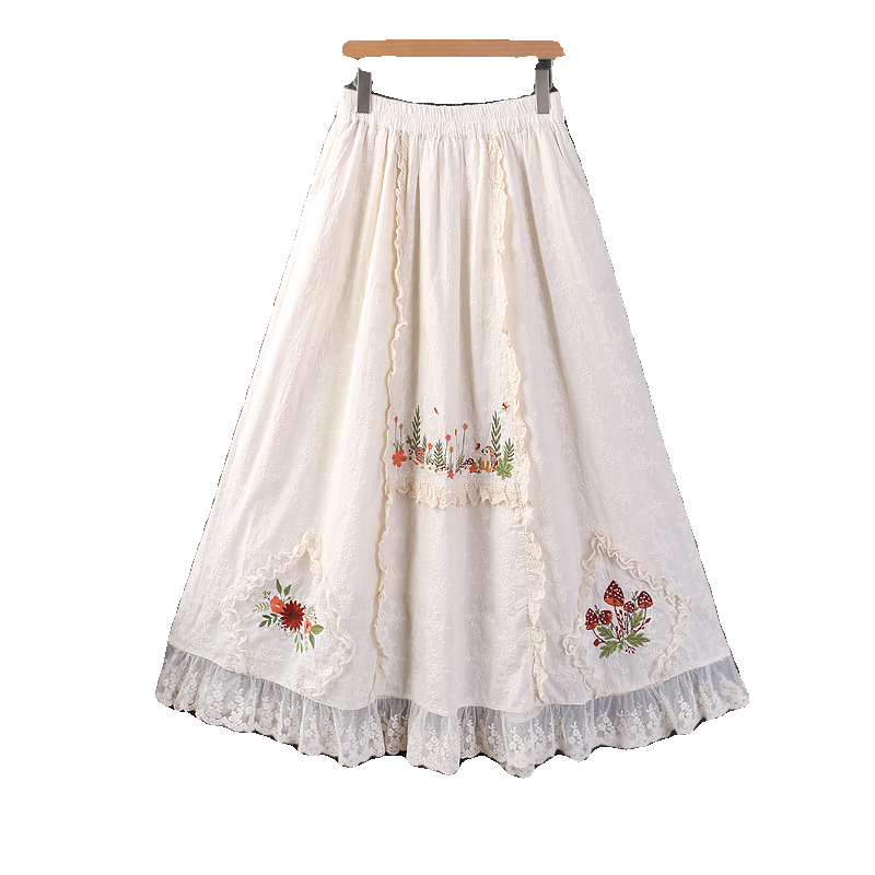 Spring Summer Sweet Embroidered Skirt Women Elastic Waist Casual Pockets Midi Skirt WH0425-24068