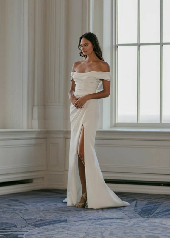 Vestido De novia De sirena De satén suave plisado con hombros descubiertos, abertura lateral, Formal, hecho a medida, 2024