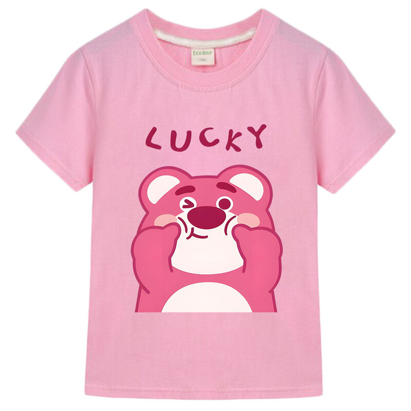 Camiseta con estampado de oso de fresa para niños, Tops de manga corta para adolescentes, ropa informal Kawaii para niños, moda de verano