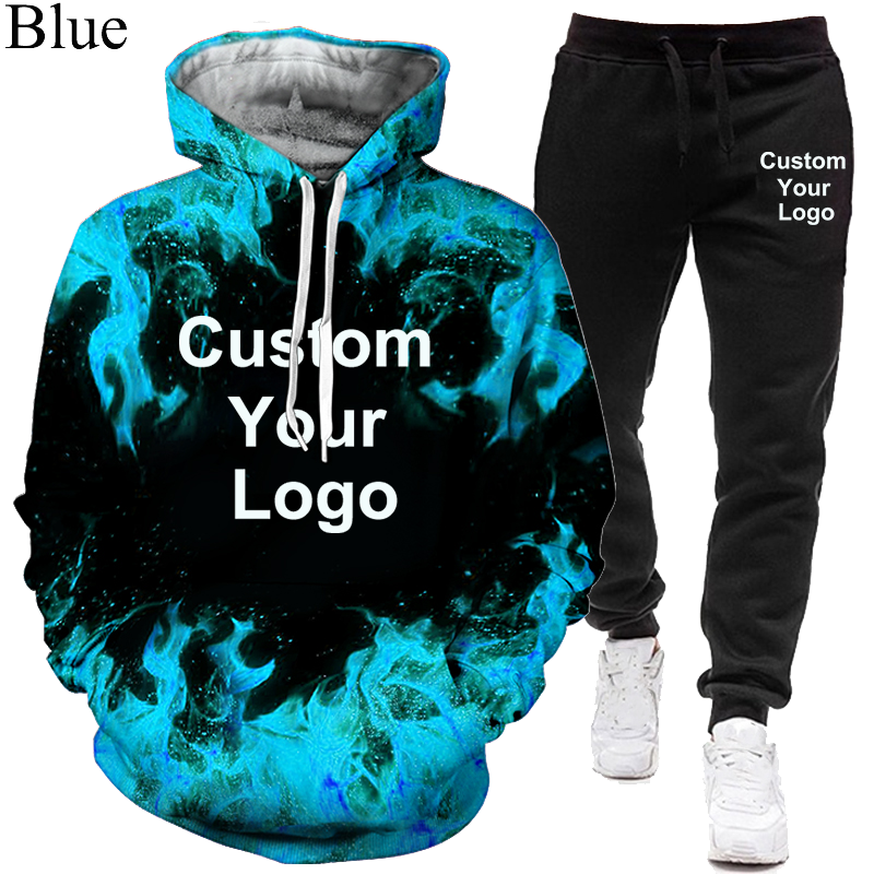 Trendy Custom Your Logo Women/ Men 3D Flame Printing Tracksuit Hoodie/Sweatshirts+joggers Pants Suit