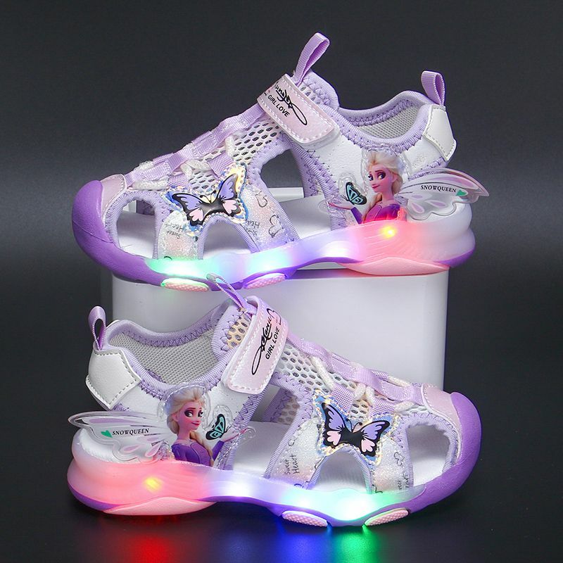Zapatos informales de Disney para niña, sandalias Baotou con luz Led, estilo de verano, suelas suaves antideslizantes, zapatos de malla rosa y púrpura, talla 23 a 36