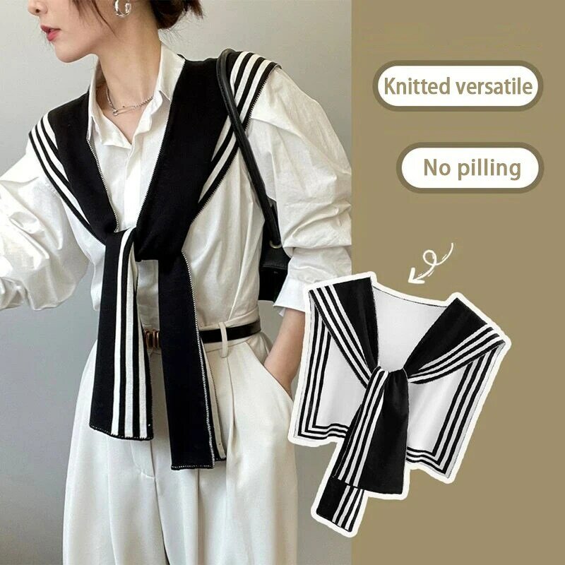 Korean Style Fashion Knitted Shawl Shirt Shoulder Striped Fake Collar Retro Style Scarf Female Accessories