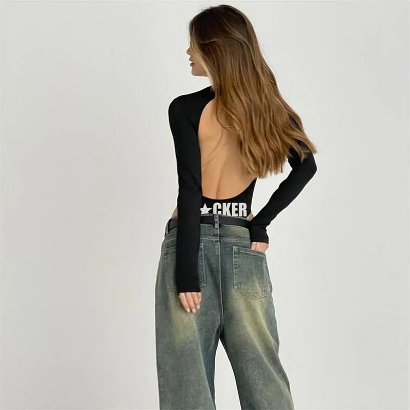 Y2K list grafika Sexy płaszcza Backless kobiety body kombinezony z długim rękawem kobiety moda Streetwear stroje kombinezony