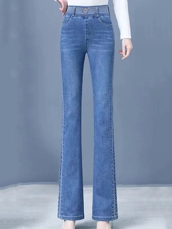 Calça jeans vintage de cintura alta feminina, calça jeans feminina elástica, mangueira casual, estampada, 75kg, primavera