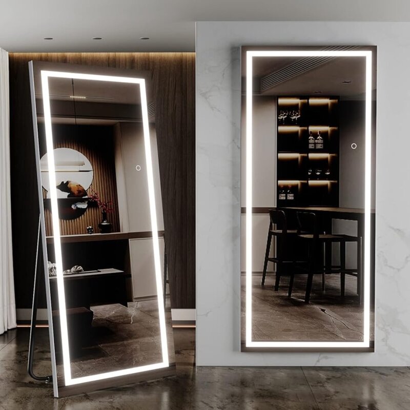 LED iluminado espelho de comprimento total do corpo, espelho permanente livre, parede montada e espelho inclinado, toque