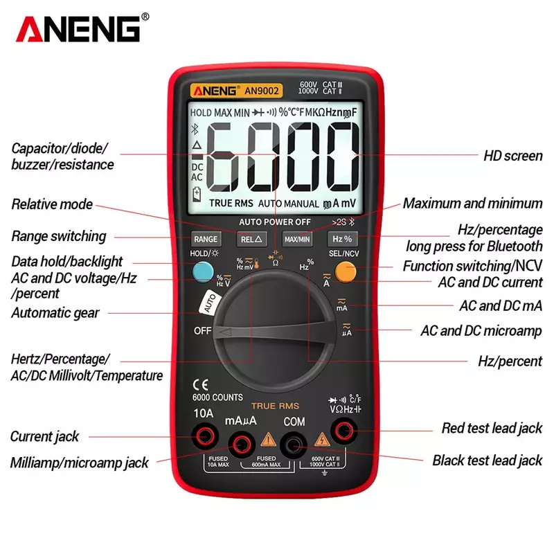 ANENG-AN9002 Bluetooth Multímetro Digital, 6000 Contagens, True RMS, AC, DC, Testador de Tensão Atual, Auto-Alcance, Profissional
