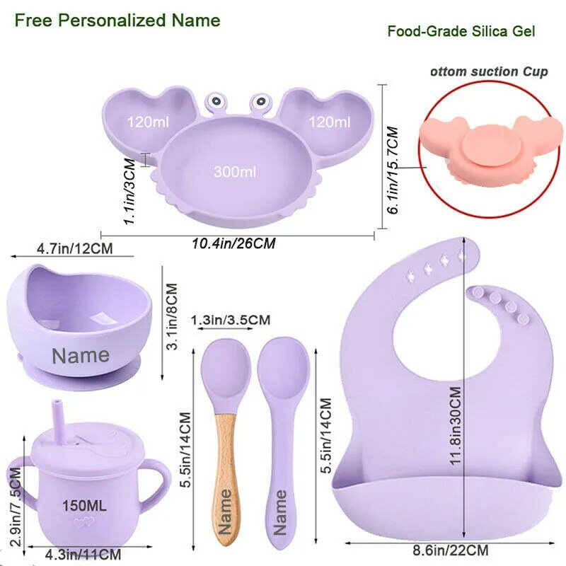 Silicone Crab Plate for Baby, Talheres, Ventosa, Bandeja de Placa, Babadores, Colher, Nome Personalizado, Nome do Bebê, Feeding Set for Kids