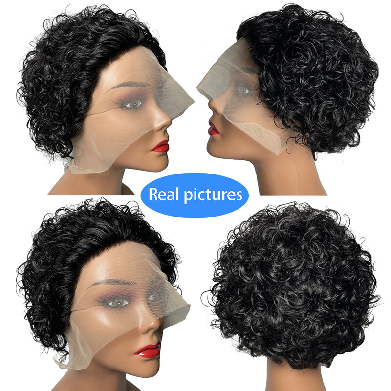 Short Bob Pixie Cut Wig Curly Human Hair Wigs Brazilian Human Hair Cheap 13X1 Transparent Lace Wig Water Deep Wave Human Hair