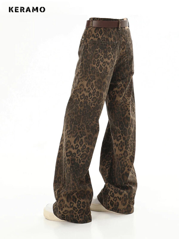 Celana jins wanita, celana jins longgar cetak macan tutul pinggang tinggi kaki lebar kasual celana lurus 2024 klasik Vintage pakaian jalanan