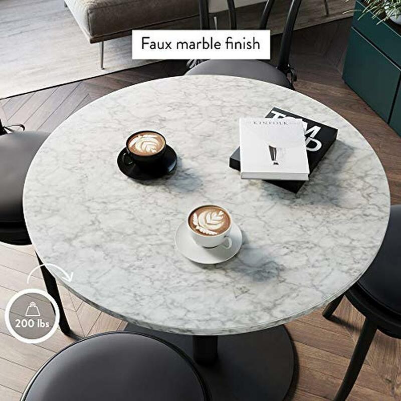 Small Round Black Dining Table with Faux Marble Top Modern Kitchen Bistro Table Pedestal Base Elegant Design Sturdy Metal