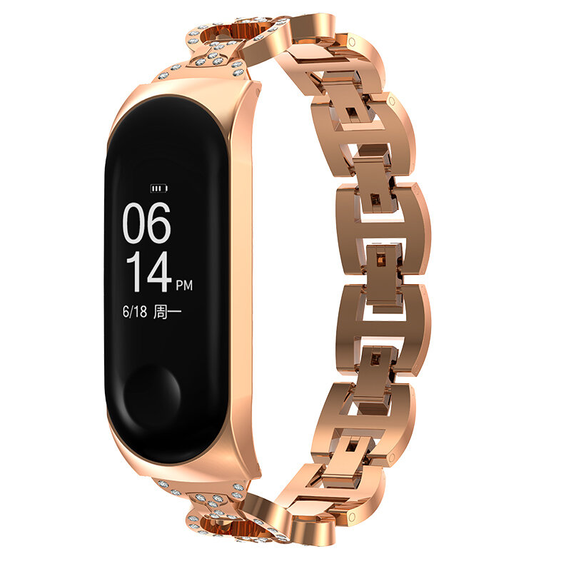 Besi Tahan Karat Berlian untuk Xiaomi Band 3 4 5 6 7 Gelang Tali Pengganti Jam Tangan Wanita Mawar Emas untuk Mi