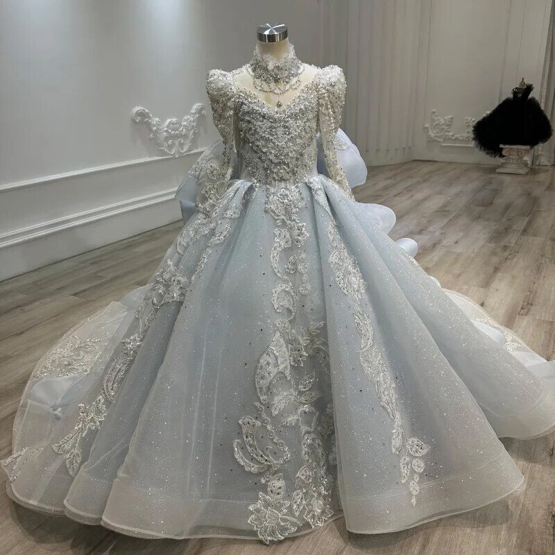 Gaun pernikahan anak, gaun ekor desain lipit lengan panjang warna biru cantik