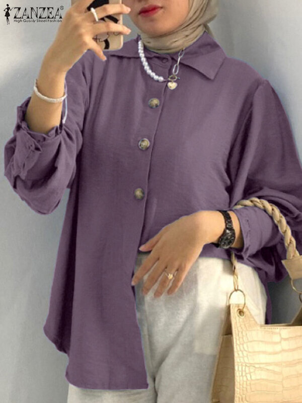 Overs ize Frauen Herbst elegante Revers Hals Langarm muslimische Bluse Zanzea Mode Shirt lässig feste Tops weibliche Blusas