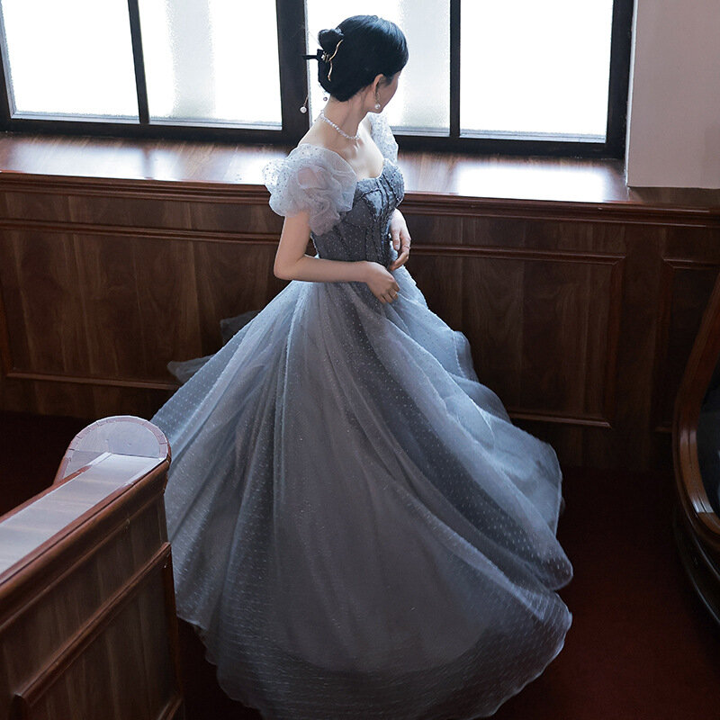 Luksusowa błyszcząca niebieska suknia wieczorowa na przyjęcie bankietowe elegancka dama z długim rękawem Slim balowa suknia sukienki wizytowe