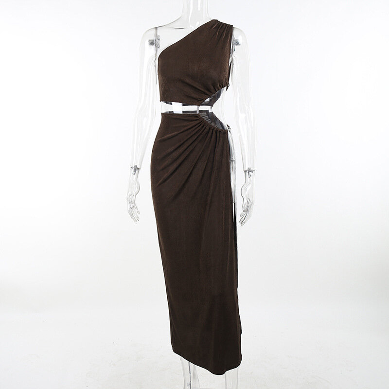 Summer Hollow Slanted Shoulder Dress New Sexy Temperament Commuter Long Skirt Female European And American Style