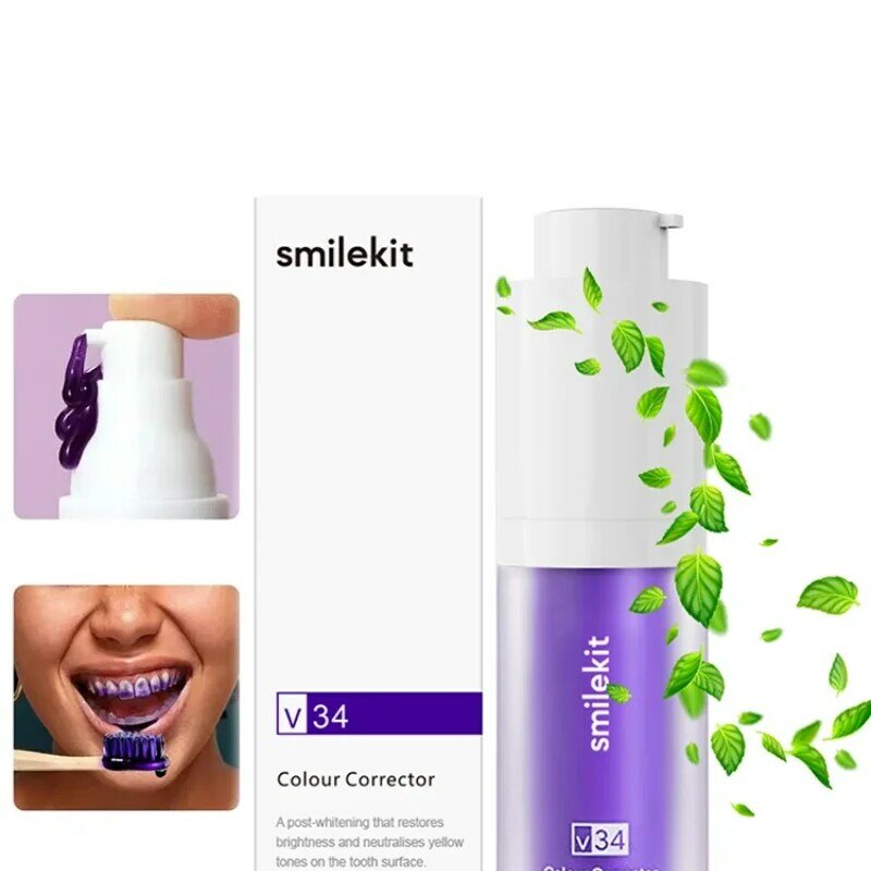 SMILEKIT-pasta de dientes blanqueadora V34 púrpura, elimina las manchas, Reduce el color amarillo, cuidado de las encías dentales, aliento fresco, ilumina los dientes, 30ml