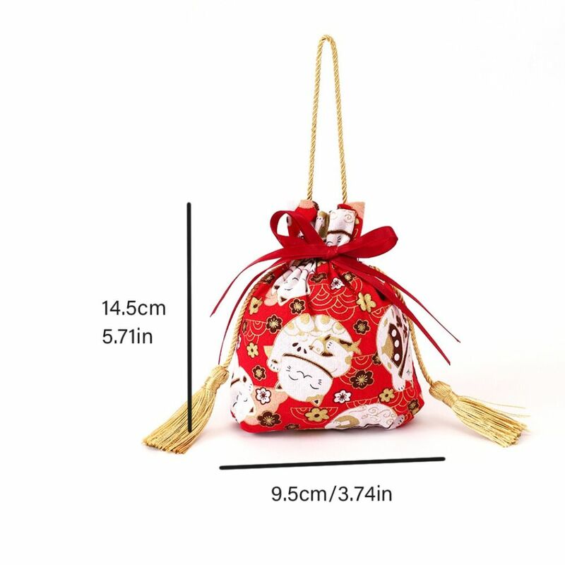 Lucky Cat Canvas Flower Proximity Wstring Bag, Sakura Floral Satin Bow, Ribbon Bow, Wrist Bag, Storage Bag, Large Capacity
