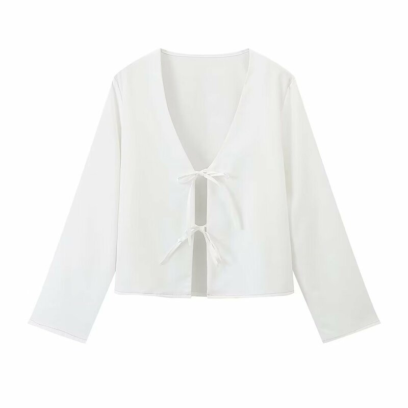 Camisa holgada con lazo para mujer, blusa elegante acampanada de manga larga con cuello en V, Tops sencillos para primavera y verano, 2024