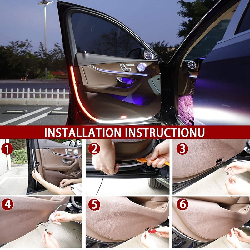 Bande lumineuse LED étanche pour porte de voiture, lumières ambiantes décoratives automatiques, lumière de bienvenue, banderole d'iode de sécurité, 120cm, 4 pièces