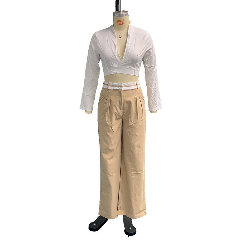 여성용 긴팔 라펠 하이 웨이스트 짧은 상의, 루즈 포켓 바지 세트, 오피스 패션, 단색, 2 피스 세트, 스트리트웨어, 가을