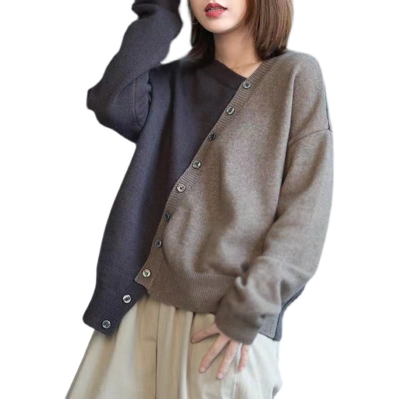Suéter de punto de retales asimétrico para mujer, cárdigan Vintage con cuello en V, ropa de abrigo informal holgada, Tops de invierno 2022