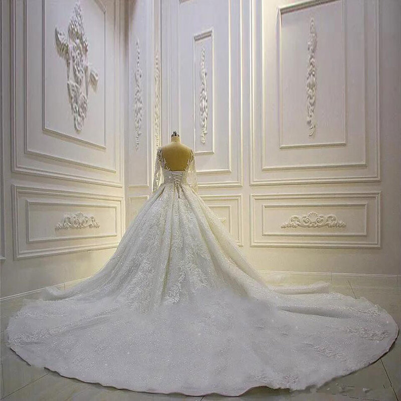 Abiti da sposa modesti a maniche lunghe per abiti da sposa Sheer Jewel Neck Lace Appliqued paillettes Plus Size Robe De Mariee Custom 2024