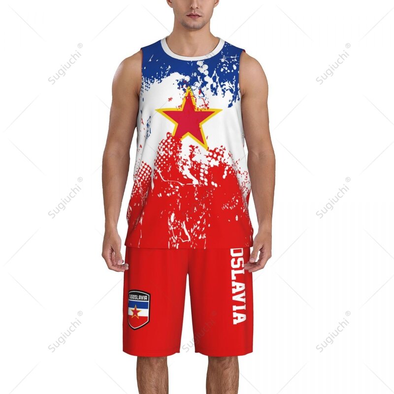 ชุดเสื้อและกางเกงลายธงชาติยูโกสลาเวียของผู้ชาย JERSEY Basket เสื้อแขนกุดสั่งทำชื่อนูเนเบอร์สุดพิเศษ