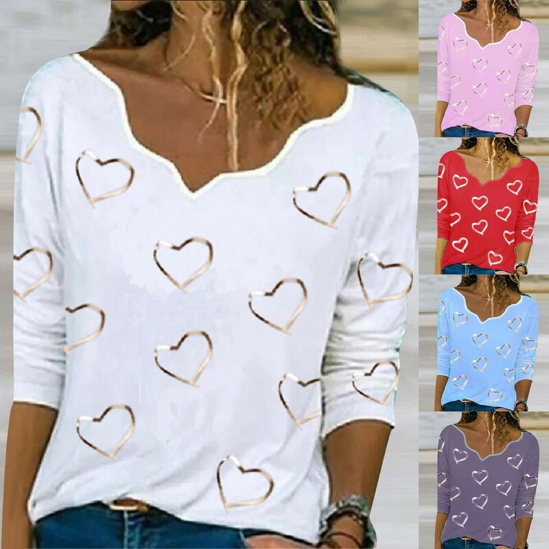 Blusa de manga larga con estampado de corazón para mujer, camiseta asimétrica elegante con cuello de corazón, jersey de otoño