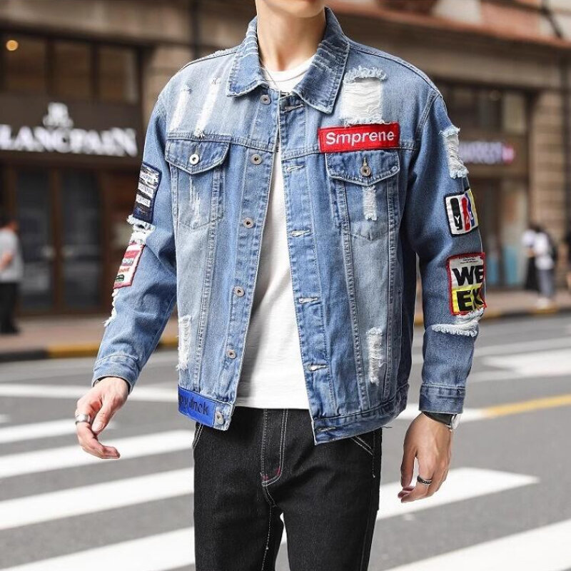Мужская джинсовая куртка, уличная одежда в стиле хип-хоп, мотоциклетная джинсовая куртка с разрезом и принтом, модная и высококачественная мужская одежда с перфорацией