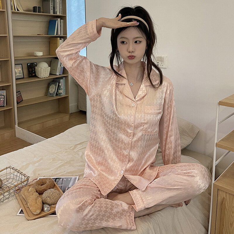 Pijamas de 2 peças femininas conjuntos de pijamas de impressão floral falso seda cetim pijamas feminino sleepwear manga longa camisa de lapela calças homewear