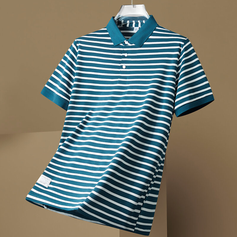 Moda bavero bottone impiombato Polo a righe coreane abbigliamento uomo 2024 estate nuovi pullover Casual top t-Shirt All-match