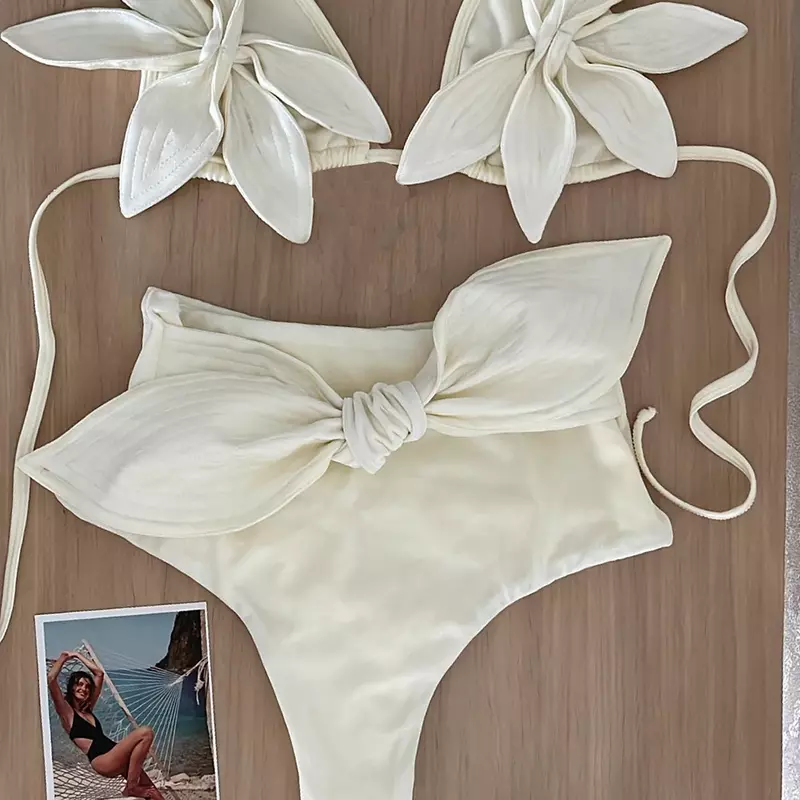 Bikinis blancos de encaje Floral para mujer, traje de baño Sexy de dos piezas con cuello en V y cintura alta, ropa de playa con lazo