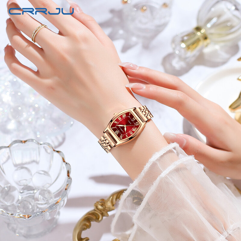 CRRJU 여성용 크리에이티브 스틸 드레스 팔찌 손목시계, 사각형 방수 여성 시계