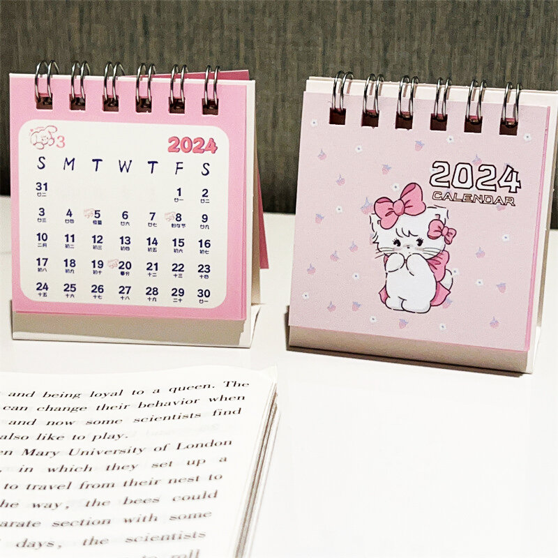 かわいいデスクトップスタンディングフリップカレンダー、漫画ピンクの猫、学校、オフィス、毎月の計画のためのミニデスクカレンダー、毎日のスケジュール、2024